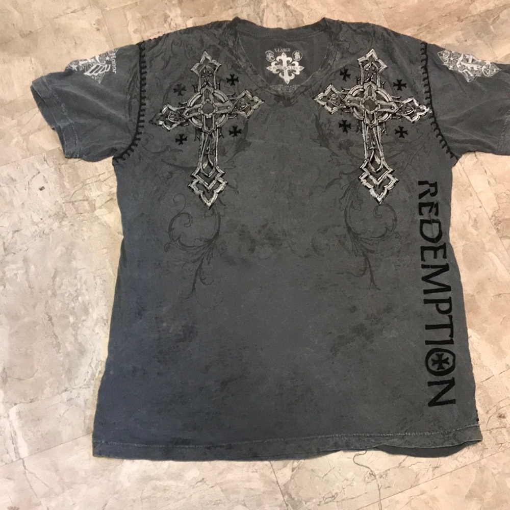 Charcoal Gray Short Sleeve Tee with Gothic Cross Patterns by Taw State